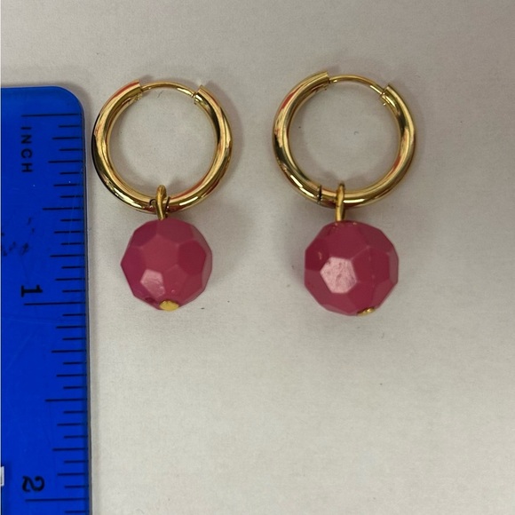 Huggie back hoops, pink bubble gum handmade earrings, dangling, updo, glamorous - Picture 3 of 3